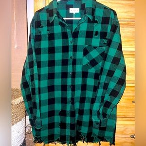 Risen Distressed Green and Black Flannel Shacket
